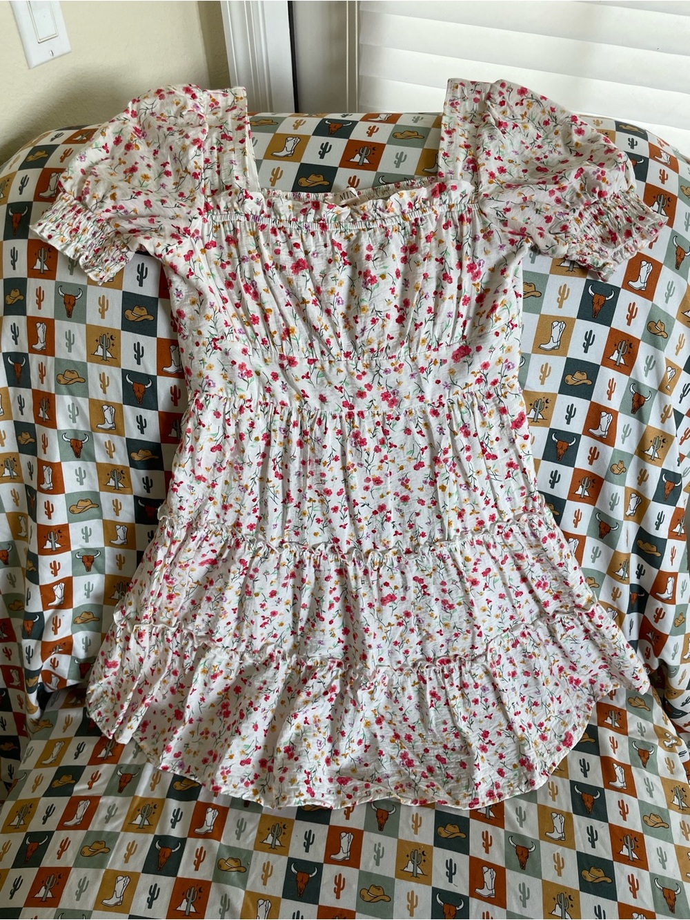 MINE White Floral Tiered Mini Dress with Pink & Green Print